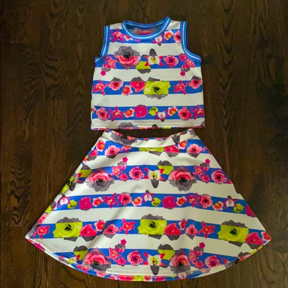 Floral Blue and White Striped Two Piece Set